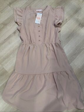Women's Tiered Midi Dress with Flutter Sleeves in Blush Pink